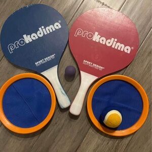 Outdoor/beach games- catch/stick Velcro ball & discs set + wooden paddles & ball